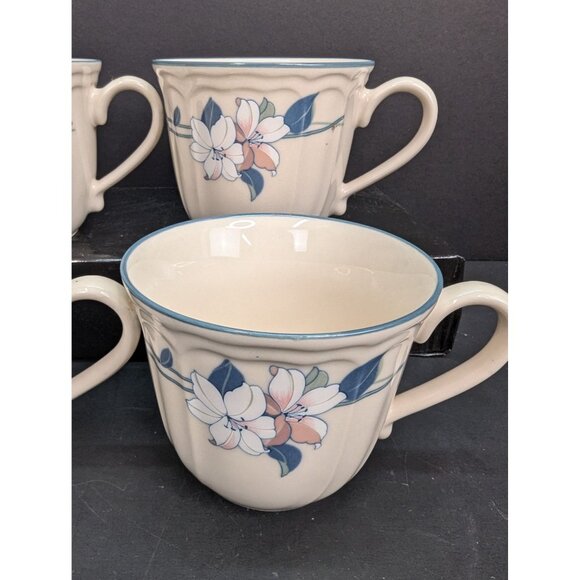 Epoch Lilies Floral Pleated Blue Rim 8 Oz Coffee/Tea Cup Set of 4 - Picture 3 of 8